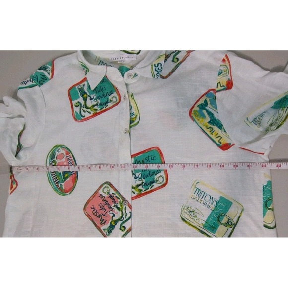 Jane + Delancey Canned Sardine Print Women's Button Up Shirt Blend Linen Size M - Picture 11 of 12